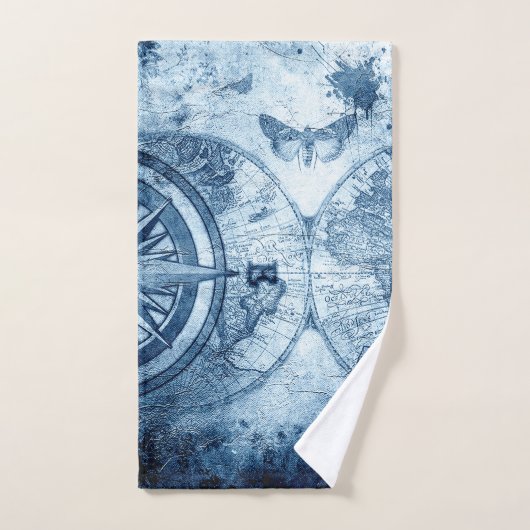 kompas | Blue Grunge Nautical Zee Chart Bad Handdoek (Handdoek)