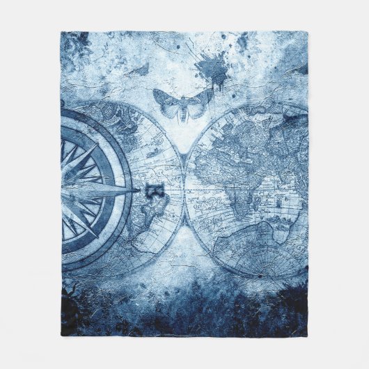 kompas | Blue Grunge Nautical Zee Chart Fleece Deken (Voorkant)