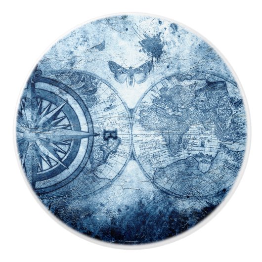 kompas | Blue Grunge Nautical Zee Chart Keramische Knop (Voorkant)