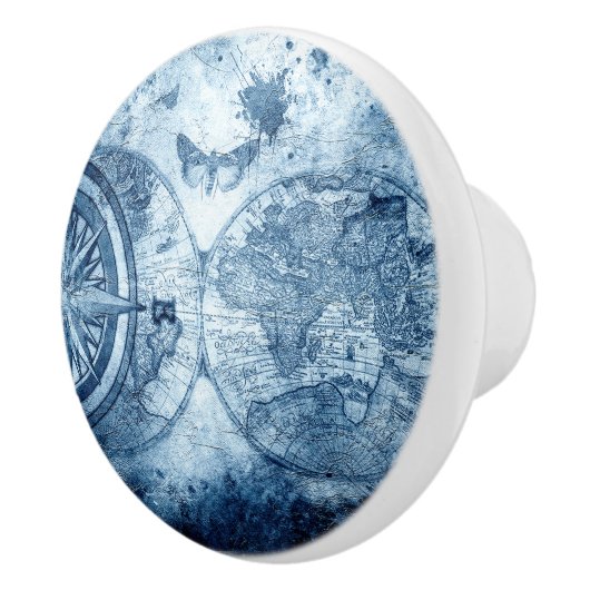  kompas | Blue Grunge Nautical Zee Chart Keramische Knop (Rechts)
