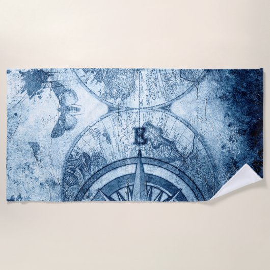  kompas | Blue Grunge Nautical Zee Chart Strandlaken (Voorkant)