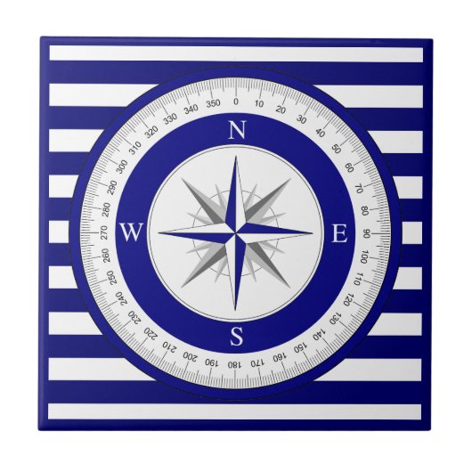 Kompas Roos Nautisch Blauw en Witte Streep Tegeltje (Voorkant)