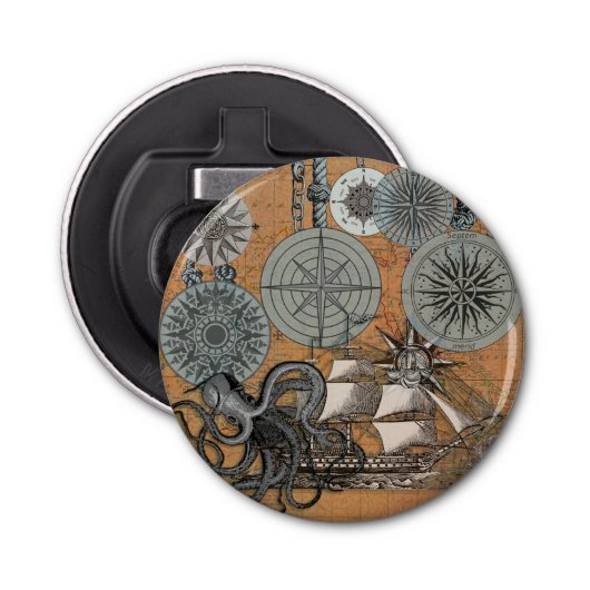 Kompas Roos  nautische octopus Button Flesopener (Voorkant)
