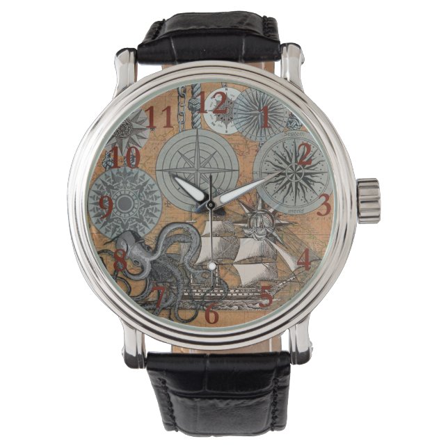 Kompas Roos  nautische octopus Horloge (Voorkant)