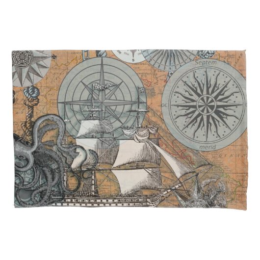 Kompas Roos nautische octopus Kussensloop (Voorkant)