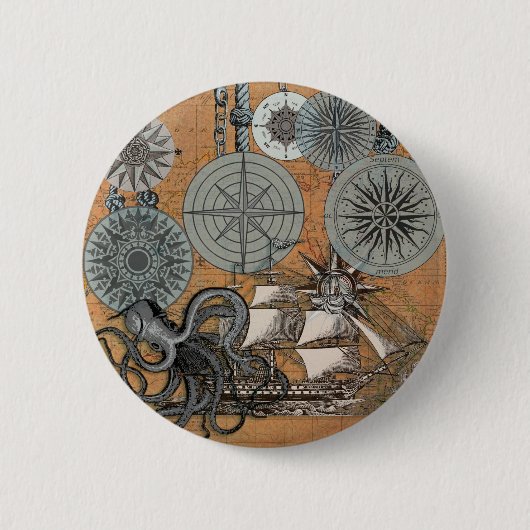 Kompas Roos  nautische octopus Ronde Button 5,7 Cm (Voorkant)