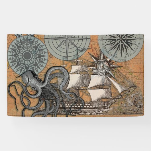 Kompas Roos  nautische octopus Spandoek (Horizontaal)