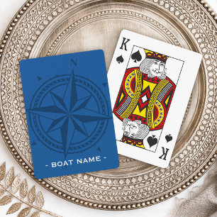 Kompasroos en aangepaste bootnaam blauw pokerkaarten