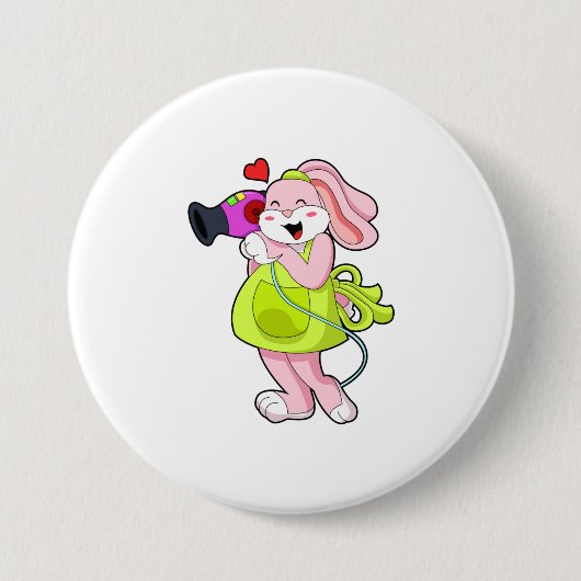 Konijn als haarser met hairdryer ronde button 7,6 cm (Voorkant)