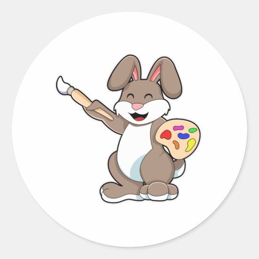 Konijn als schilder met penseel en verf ronde sticker (Voorkant)