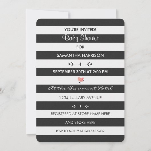 Konijn Baby Shower Zwart Wit Streep Bloemenkrans Kaart (Achterkant)