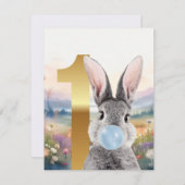 Konijn blaast blauwe kauwgom Eerste verjaardag (Voorkant / Achterkant)