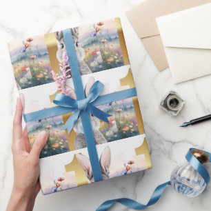 Konijn blaast blauwe kauwgom Eerste verjaardag Cadeaupapier