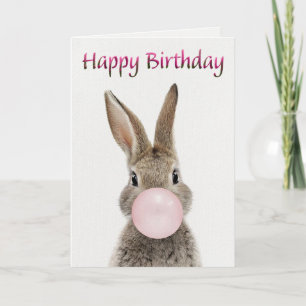 Konijn Blaast Roze Kauwgom Happy Birthday Kaart