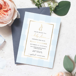 Konijn Blauwe Gingham Baby Shower Folie Uitnodigin Uitnodiging