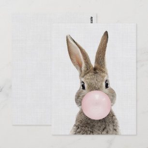 Konijn blazen bubble gum grijs linnen briefkaart
