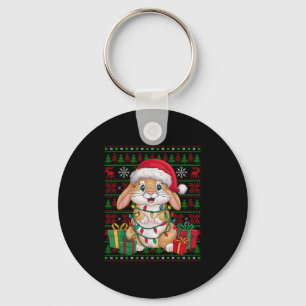 Konijn Bunny Kerstverlichting Lelijke Santa Hoed B Sleutelhanger