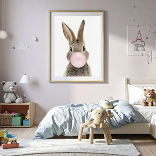 Konijn dat roze kauwgom blaast poster