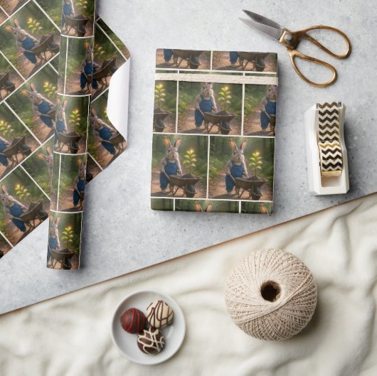 Konijn duwt een kruiwagen cadeaupapier (Crafts)
