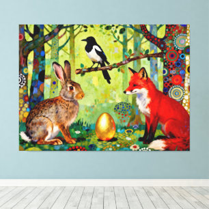 Konijn, Ekster, Vos en “Het Geheim van het Bos” Canvas Afdruk