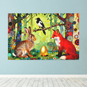Konijn, Ekster, Vos en “Het geheim van het bos” Canvas Afdruk
