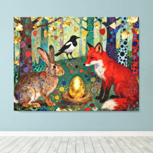 Konijn, Ekster, Vos en “Het Gouden Ganzeëi” Canvas Afdruk