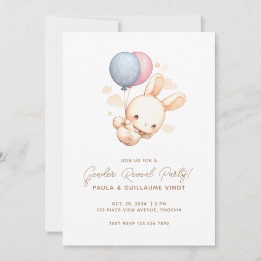 konijn en ballon geslacht onthullen partij uitnodi kaart (Voorkant)