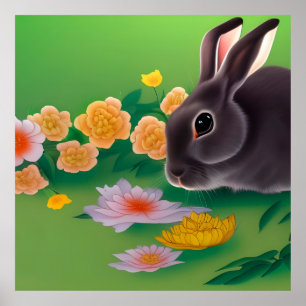 Konijn en bloemen poster