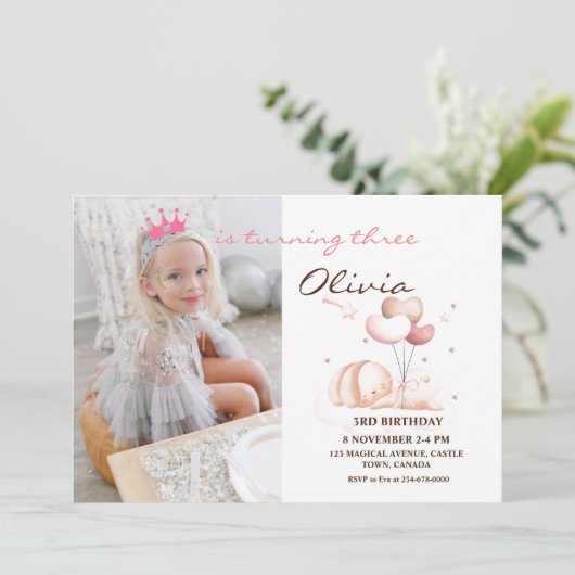 Konijn Foto Uitnodiging Meisjesachtig Verjaardagsf (Staand voorkant)