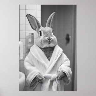 Konijn in badjas print, grappige badkamer AI-kunst Poster