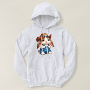 Konijn in cowboy-outfit met hoed en overall hoodie