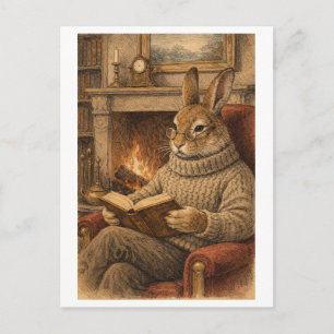 Konijn in vintage stijl lezend in een boek briefkaart