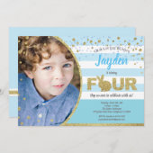 Konijn jongen 4e verjaardag foto uitnodiging in bl (Voorkant / Achterkant)