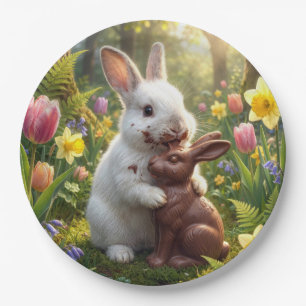 Konijn likt een chocolade paashaas papieren bordje