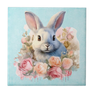Konijn met een bloemenkrans van rozen Cute Tegeltje