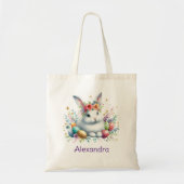 Konijn met eigen naam bloemen paaseierenjacht tote bag (Voorkant)