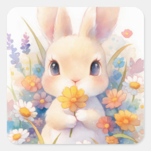 Konijn met Gele Bloem en Lenteveld bloem Vierkante Sticker