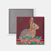 Konijn met Holly Berries en Plaid  Magneet (Voorkant / Achterkant)