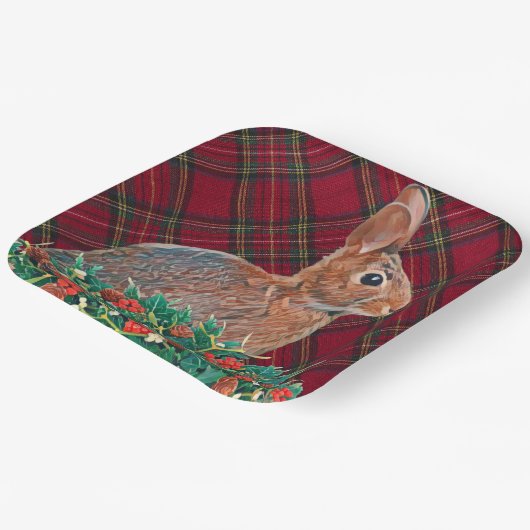 Konijn met Holly Berries en Plaid Papieren Bordje (Gebogen)