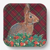 Konijn met Holly Berries en Plaid Papieren Bordje (Voorkant)