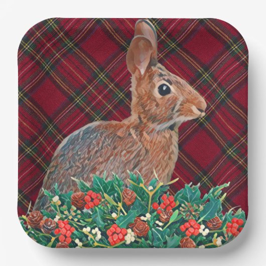 Konijn met Holly Berries en Plaid Papieren Bordje (Voorkant)