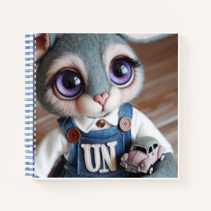 Konijn met speelgoedauto in denim overall notitieboek