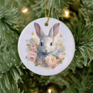 Konijn omringd door pastelbloemen Cute Keramisch Ornament