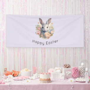 Konijn omringd door pastelbloemen Cute Pasen Spandoek