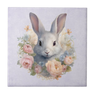 Konijn omringd door pastelbloemen Cute Tegeltje
