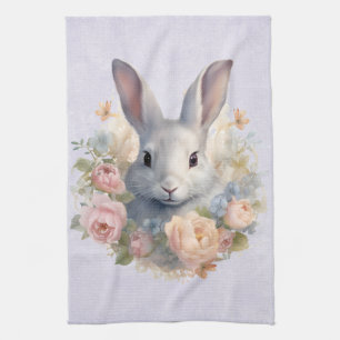 Konijn omringd door pastelbloemen Cute Theedoek