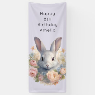 Konijn omringd door pastelbloemen Cute Verjaardag Spandoek