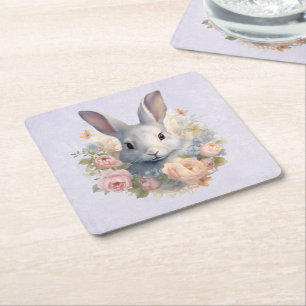 Konijn omringd door pastelbloemen Cute Vierkante Kartonnen Onderzetter