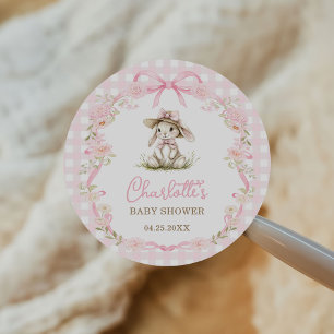 Konijn Roze Strik Gingham Baby Shower Ronde Sticker