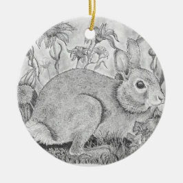 Konijn rust tussen wilde bloemen keramisch ornament